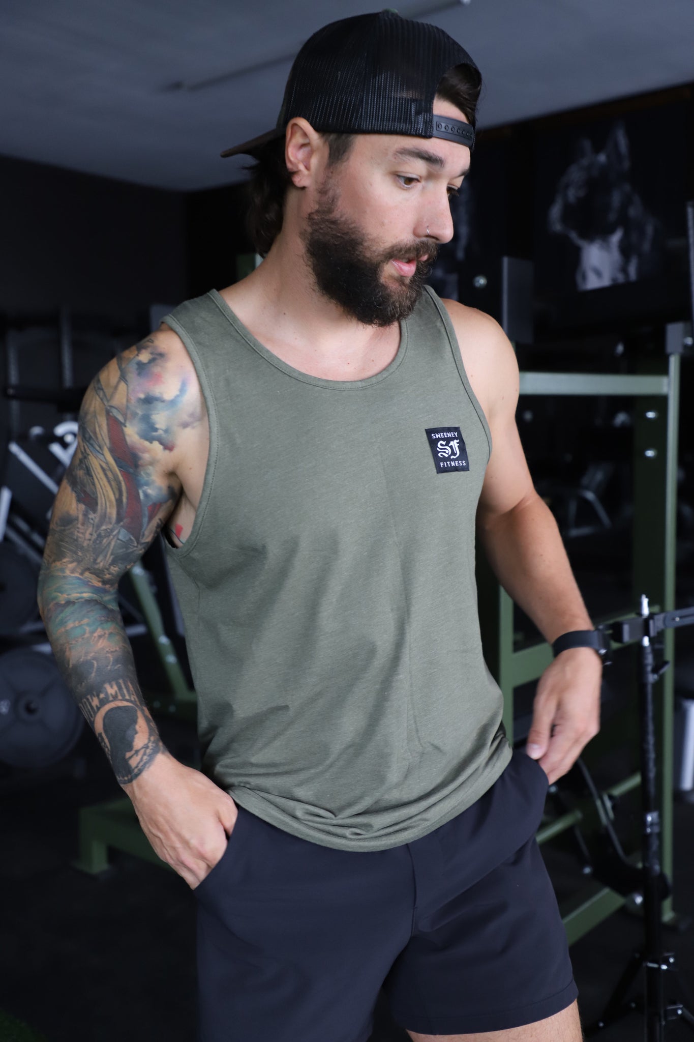 Hand Sewn Patch Sweeney Fitness OD Green Tank