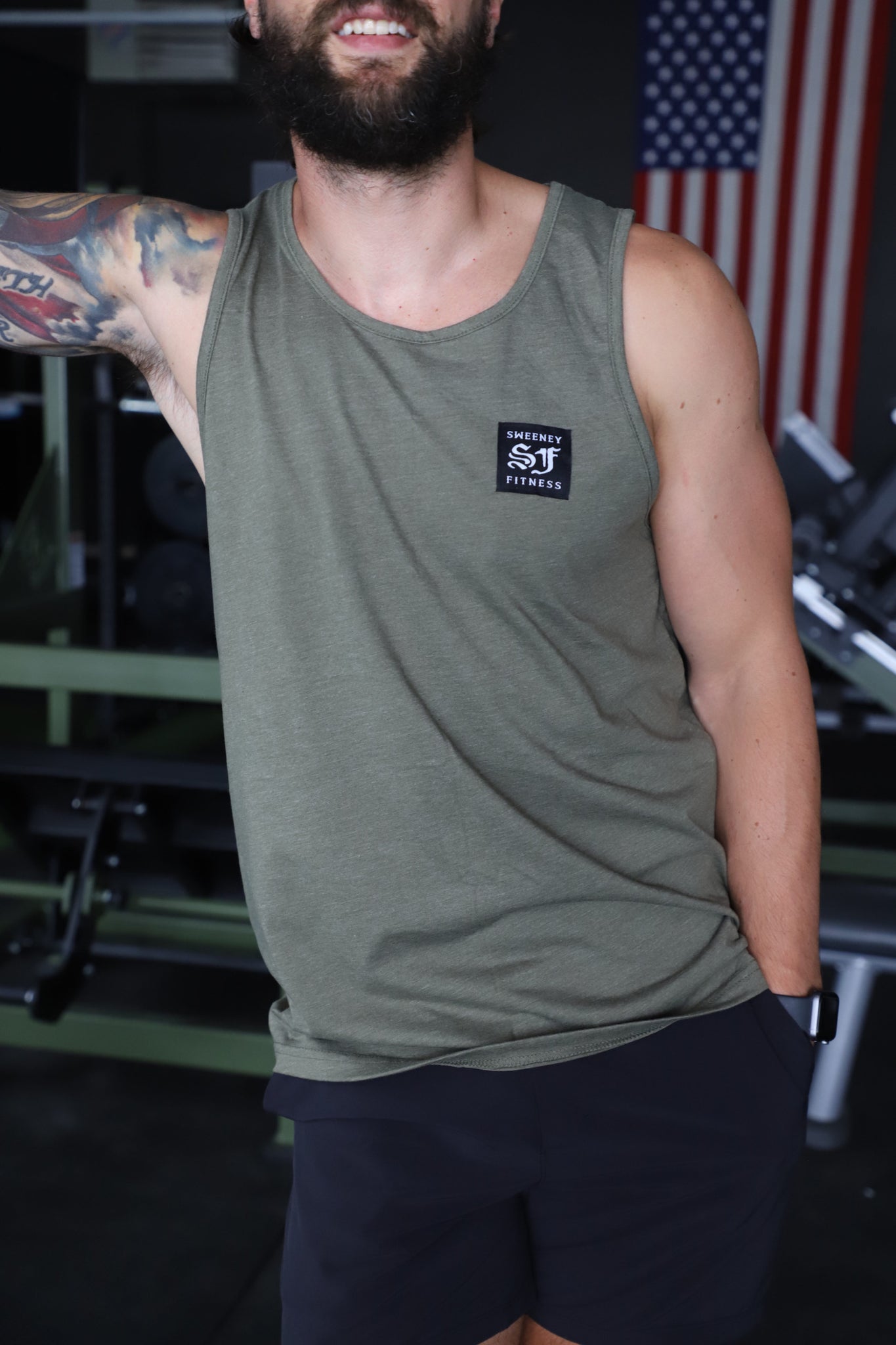 Hand Sewn Patch Sweeney Fitness OD Green Tank